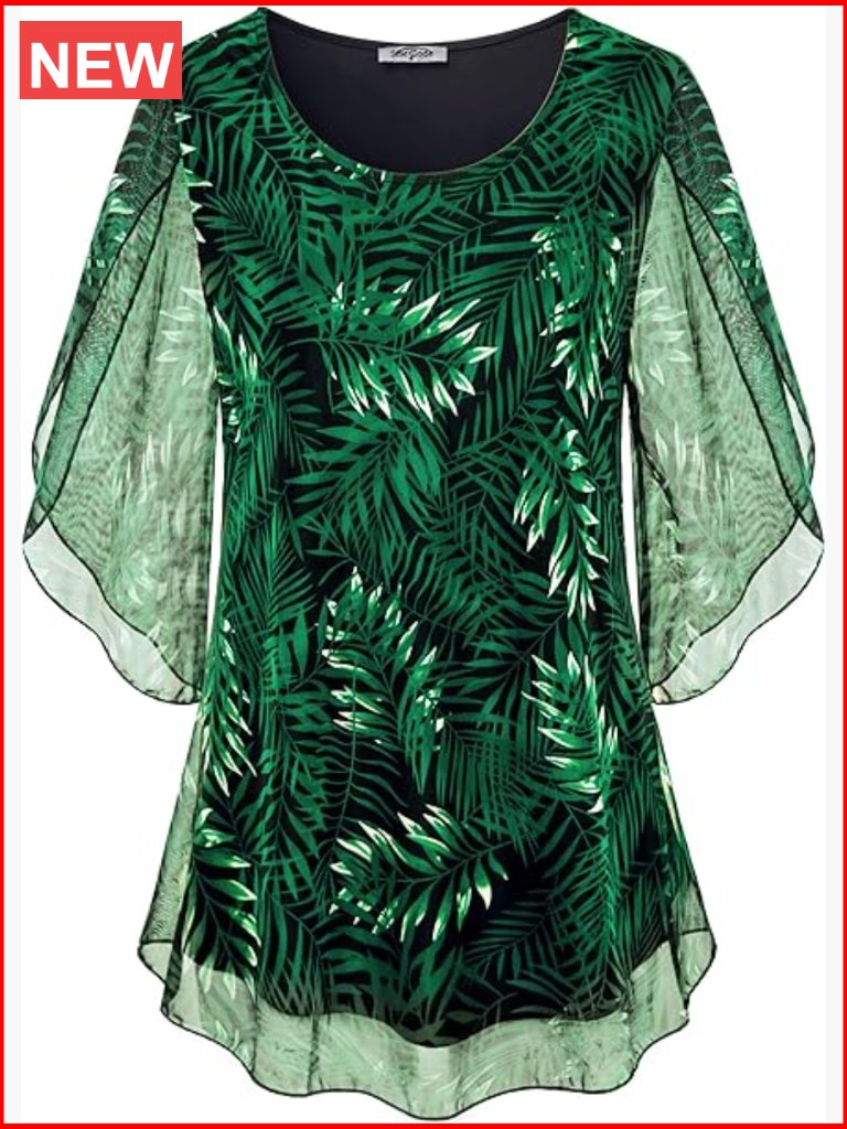 Ruffle 3/4 Sleeve Mesh Blouse Loose Flowy Tunic Top Stretchy